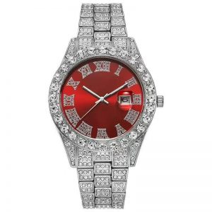 Men's Iced Out Watch, Luxury Bling Rhinestone Dial Wristwatch with Roman Numerals, Red Dial Hip Hop Style Dress Watch for Men, Stainless Steel Band