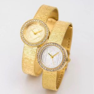 Women's Elegant Gold Bangle Watch Crystal Bezel Geometric Dial Fashion Cuff Bracelet Watch